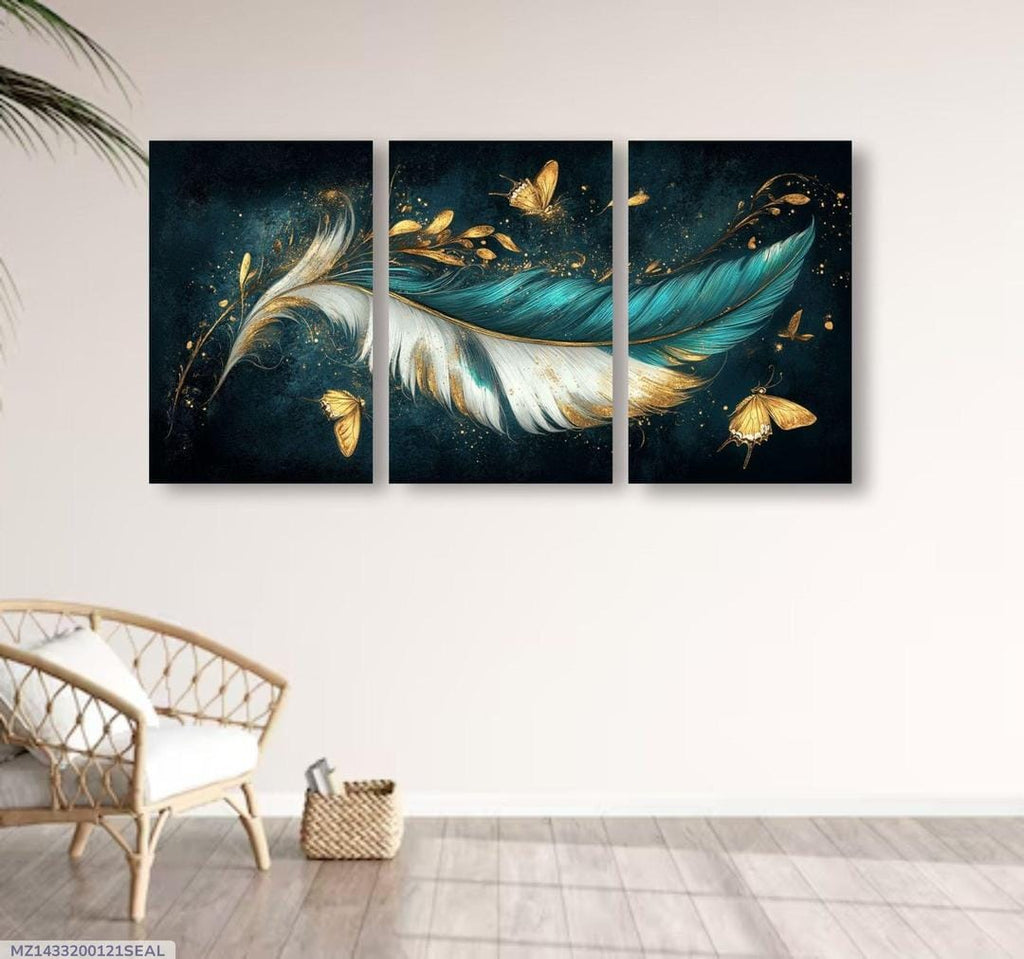 3-Piece Feather & Butterfly Wall Art Set – Luxury Modern Home Décor