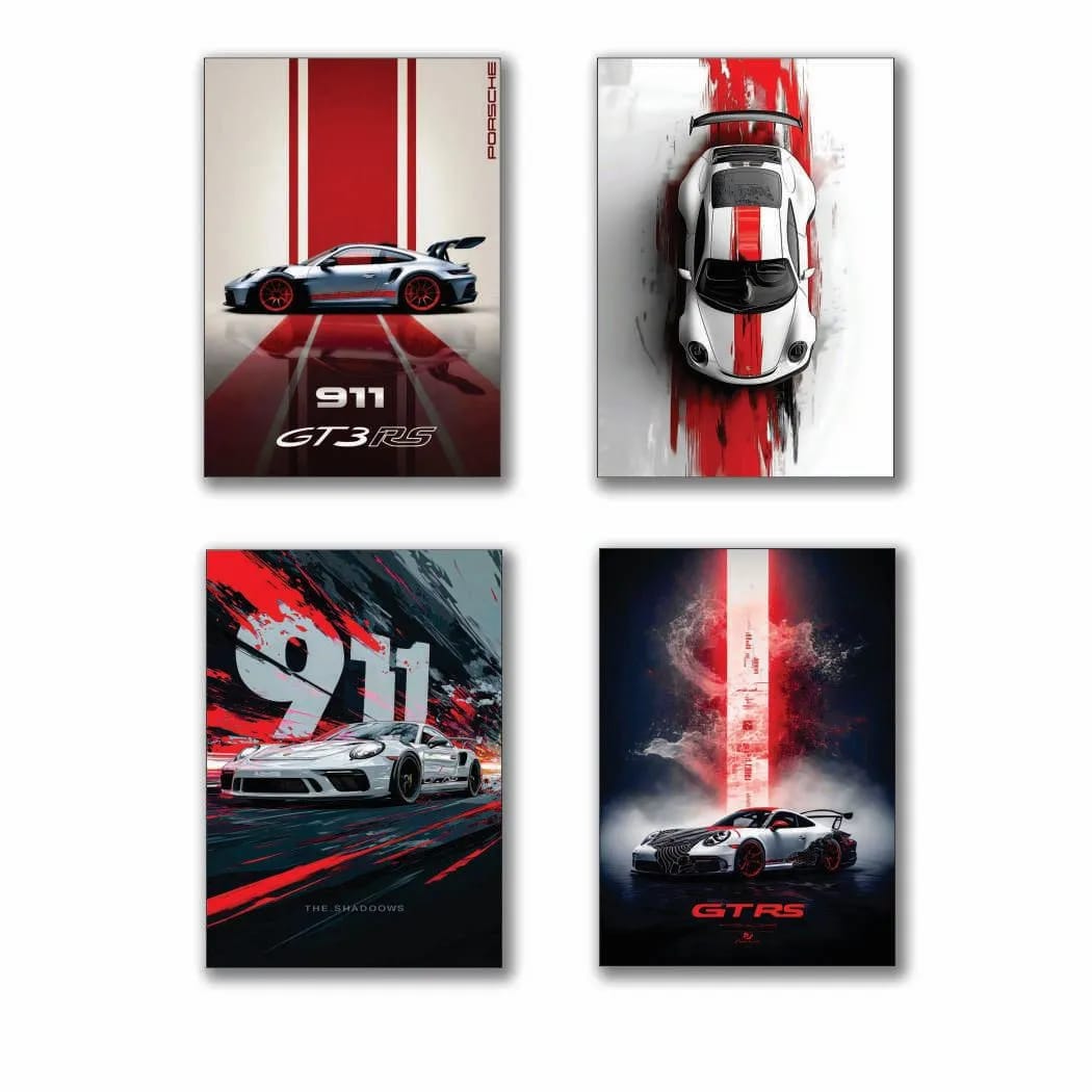 4-Piece Sports Car Wall Art Set – Luxury Porsche & GTR Automotive Décor