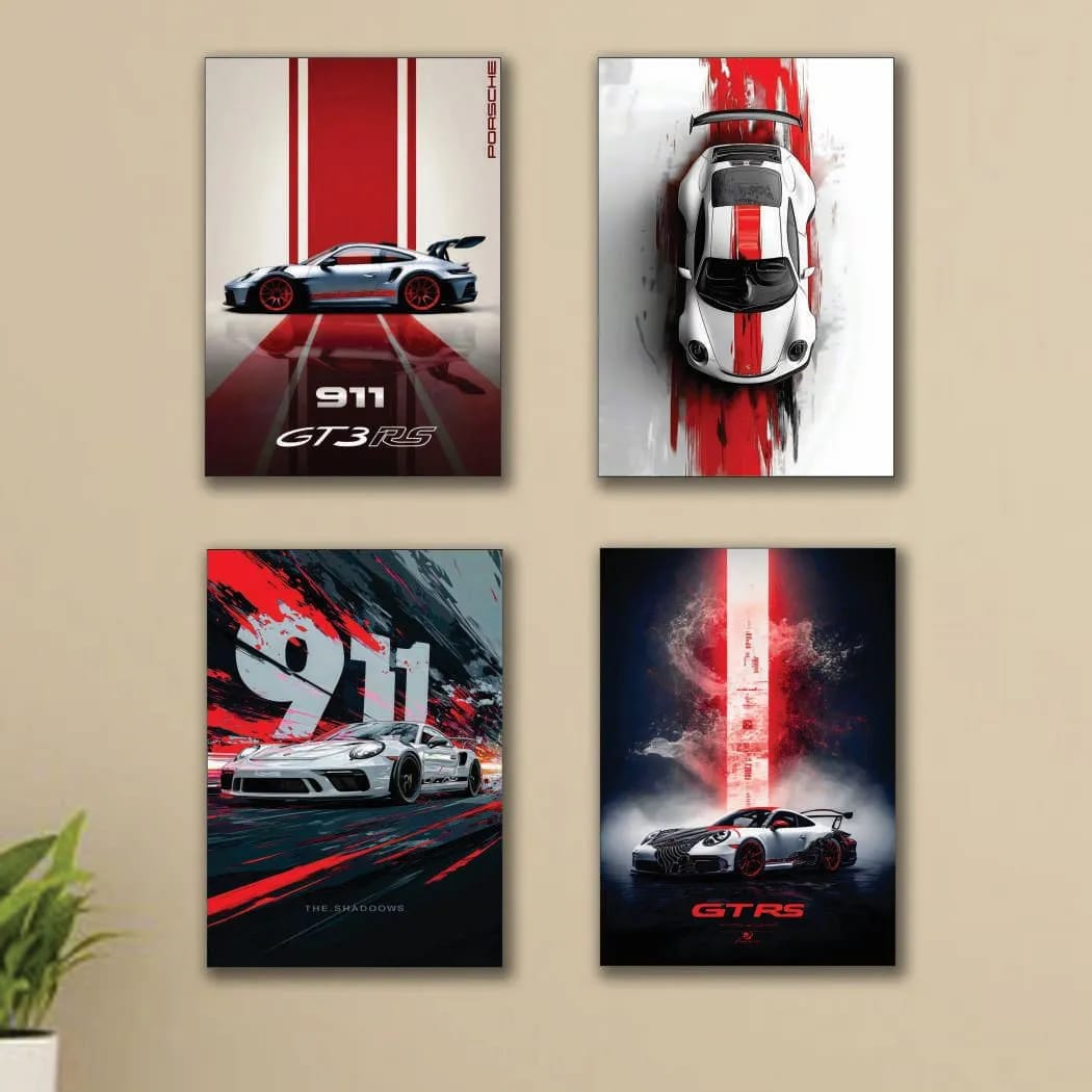 4-Piece Sports Car Wall Art Set – Luxury Porsche & GTR Automotive Décor